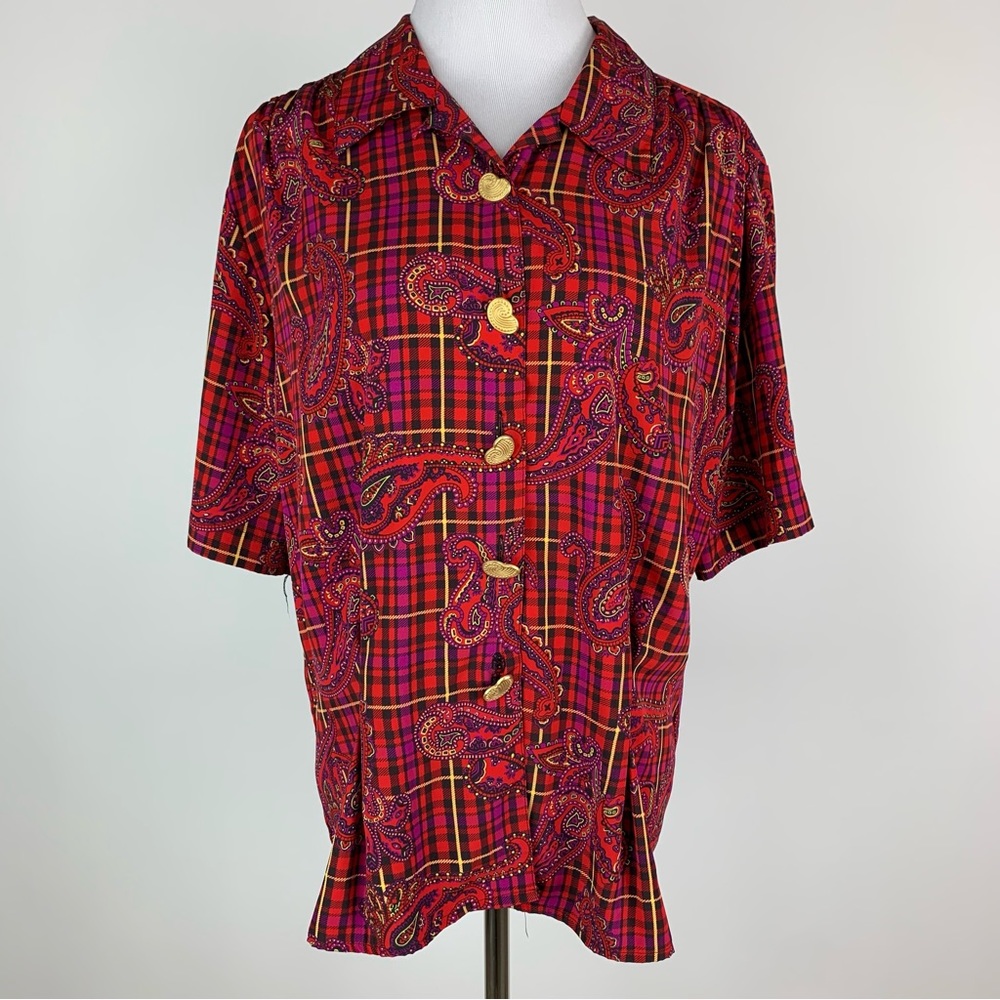 Vintage SK & Company Plaid Paisley Button Down Shirt Sz 14